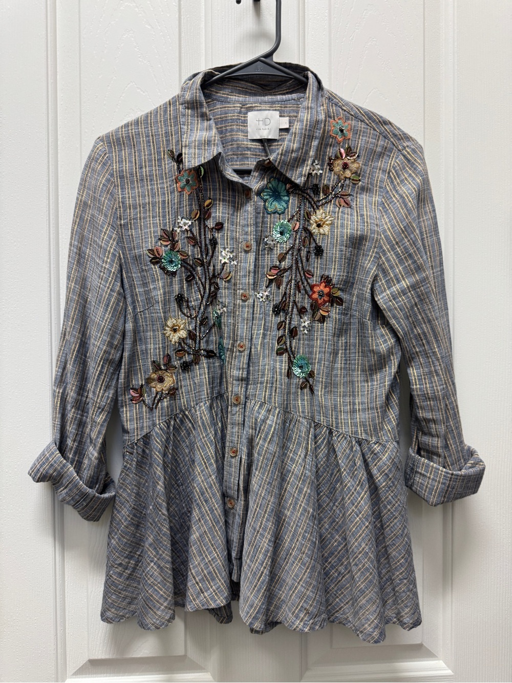 HD in Paris Gray-Blue Striped Embroidered Button-Front Tunic